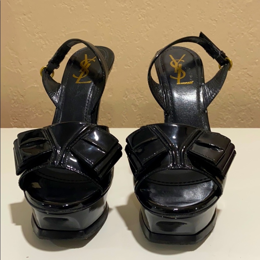 YSL BLACK PLATFORM PATENT LEATHER Y BOW 38.5 8.5
